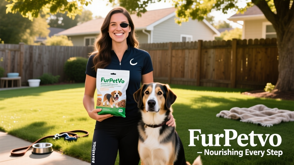 Danelle Umstead holding a FurPetVo dog food bag alongside Aziza, smiling at the camera