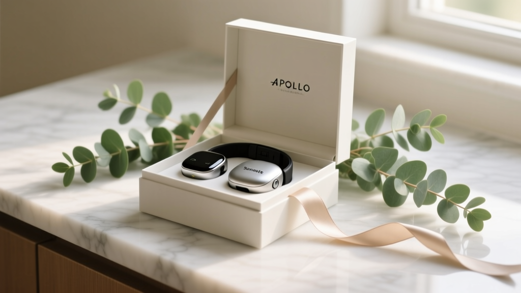 Elegant gift box on marble countertop revealing Apollo Neuro wearable and Sensate pebble surrounded by fresh eucalyptus sprigs and ribbon