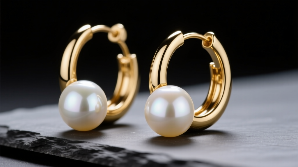 Large gold hoop earrings with lustrous white Akoya pearls resting on dark slate, illuminated by soft directional studio lighting