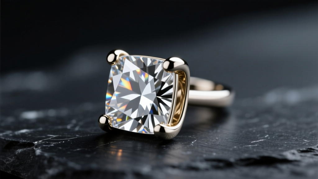 Macro shot of a mens square diamond earring with a loose princess-cut stone in a four-prong white gold setting on dark slate.