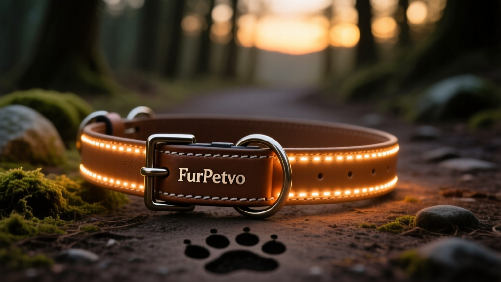 Close-up of a FurPetVo reflective collar with subtle LED accents glowing softly on a dimly lit path