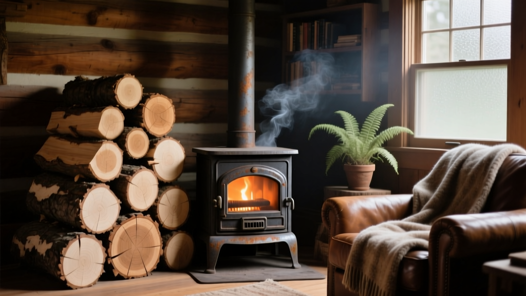 Split logs of dense white oak and hickory stacked neatly next to a cast iron wood stove in a dimly lit, cozy cabin living room