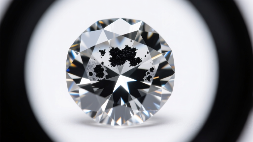 Extreme close-up of an I2 clarity diamond showing visible black carbon inclusions and cloudy transparency under 10x jeweler loupe