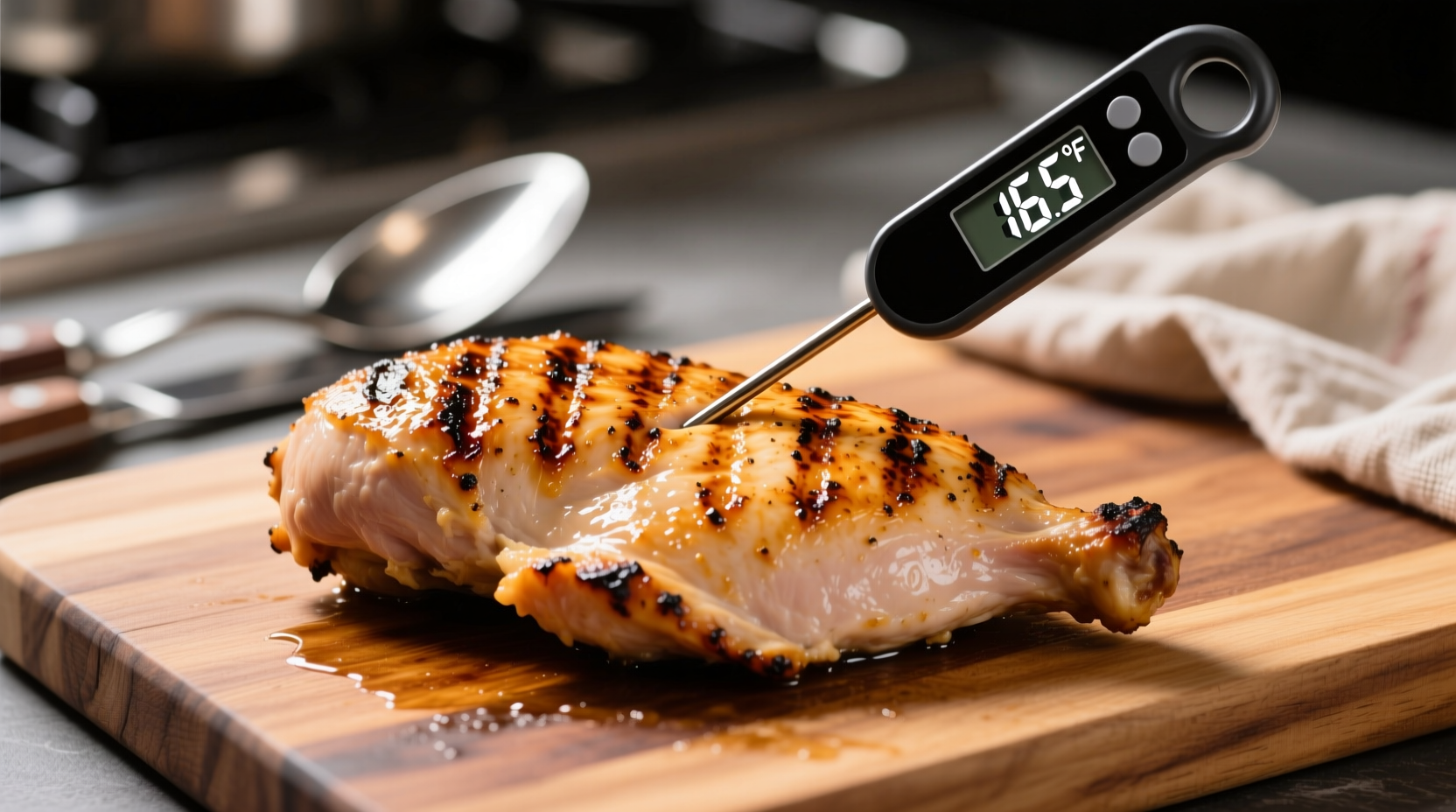 Grilled chicken breast with thermometer showing 165 degrees
