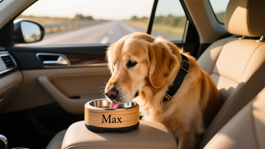 A dog drinking from a spill-proof, personalized water bowl inside a car