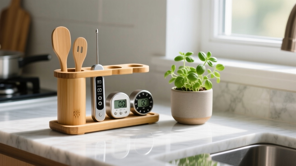 Sustainable bamboo kitchen organizer holding digital meat thermometers and mechanical timers next to a potted herb on a quartz countertop