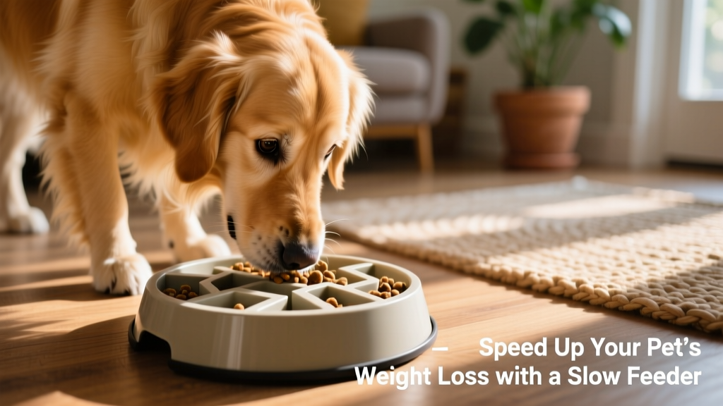 A golden retriever gently nudging kibble out of a maze-style slow feeder bowl