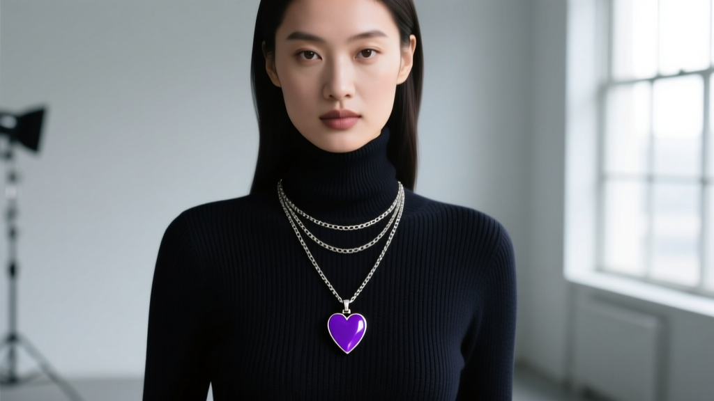 Model wearing a layered 1.2mm box chain with a purple enamel ace heart pendant over a dark turtleneck sweater in soft daylight.