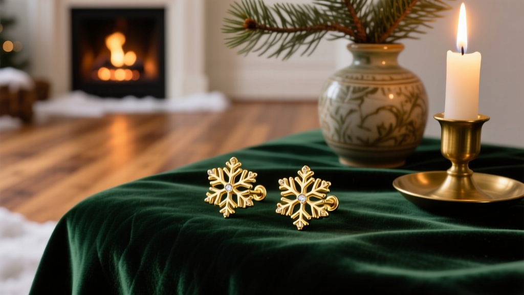 14k solid gold snowflake stud earrings on dark green velvet, lit by warm candlelight in a cozy winter holiday room setting.
