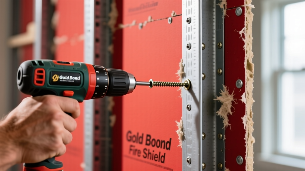 Close-up of a drywall installer driving fine-thread Type S screws into red-faced Gold Bond Fire Shield gypsum board on steel studs