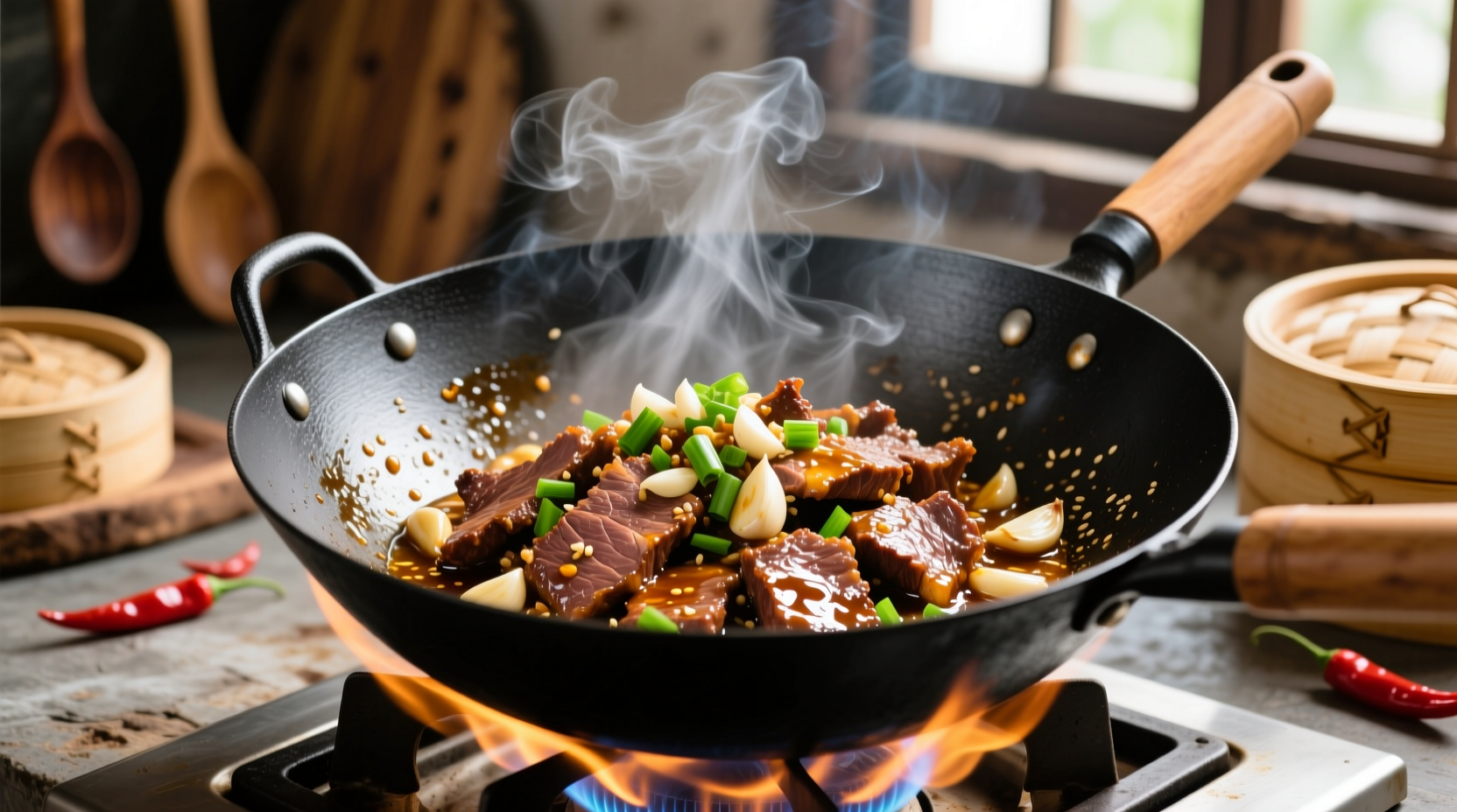 Perfect Chinese beef with garlic sauce in wok