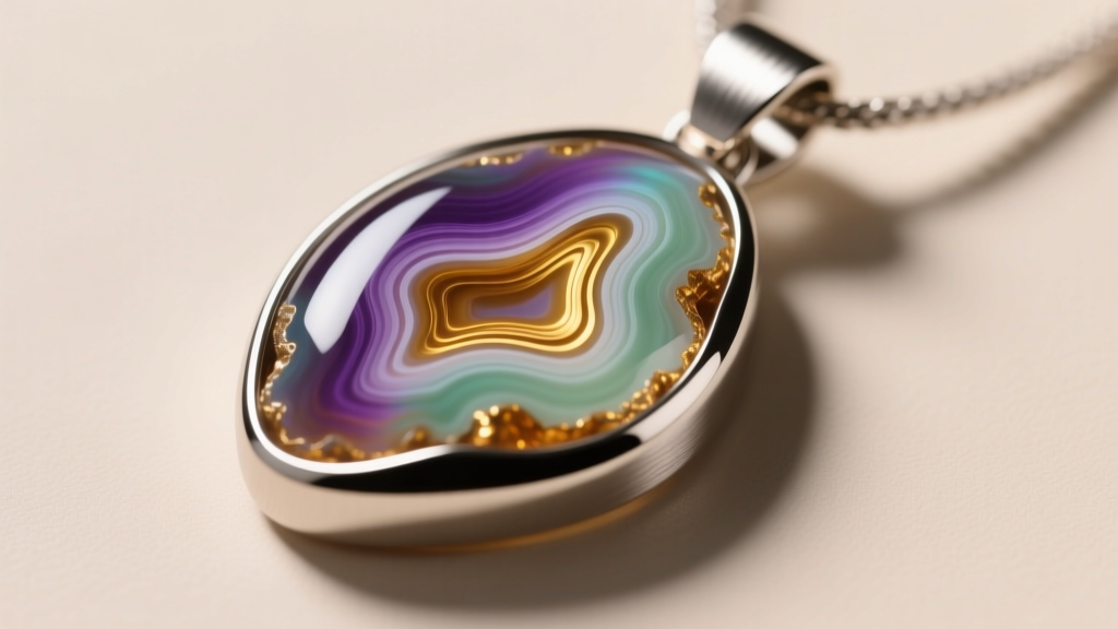 Macro shot of a freeform polished agate pendant in a titanium bezel setting, highlighting natural banding and a high gloss finish