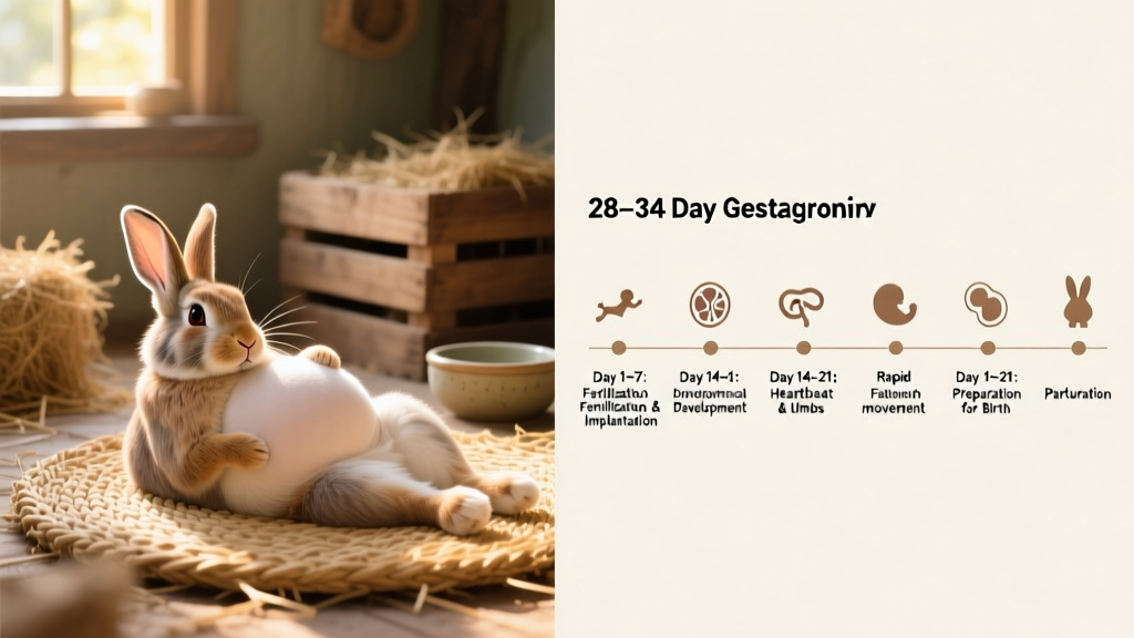 Side-by-side illustration showing a pregnant rabbit and a timeline of gestation stages