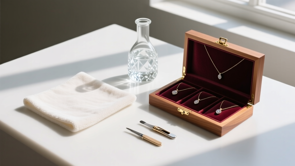 Flat lay of jewelry care tools showing a microfiber cloth, distilled water, and a wooden box with separate velvet necklace slots