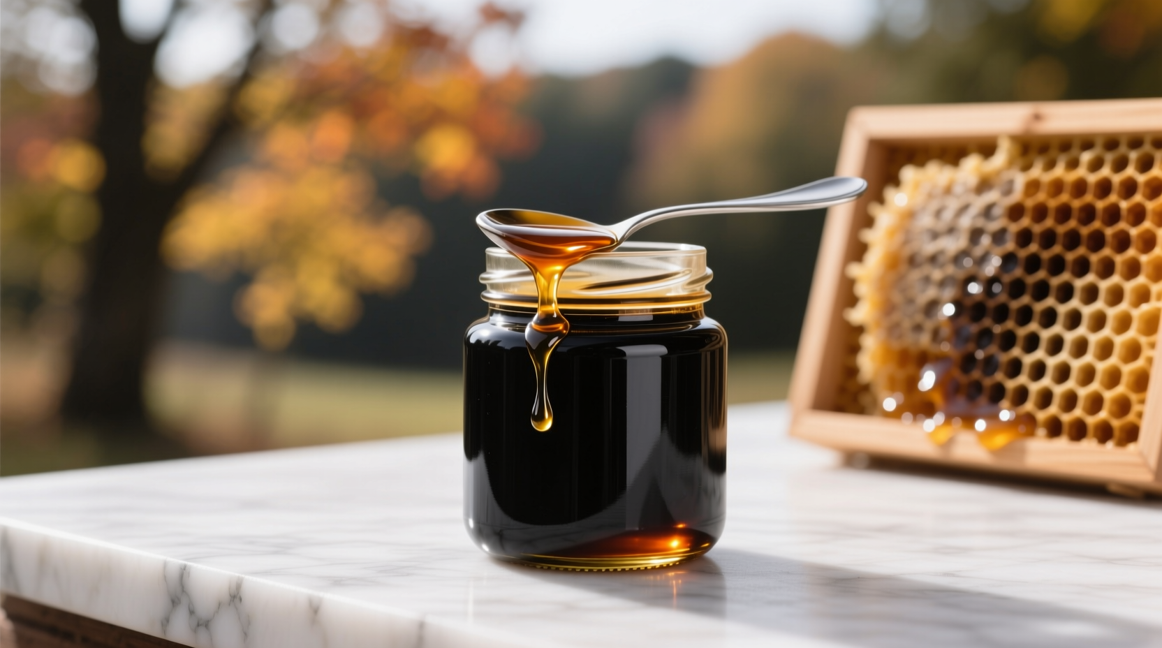 Side-by-side comparison of late-harvest black honey jar (labeled 'seasonal') and regular honey jar showing identical baking results in muffins