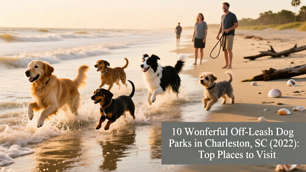Dogs splashing in shallow water at an off-leash beach area with gentle waves and sandy shoreline