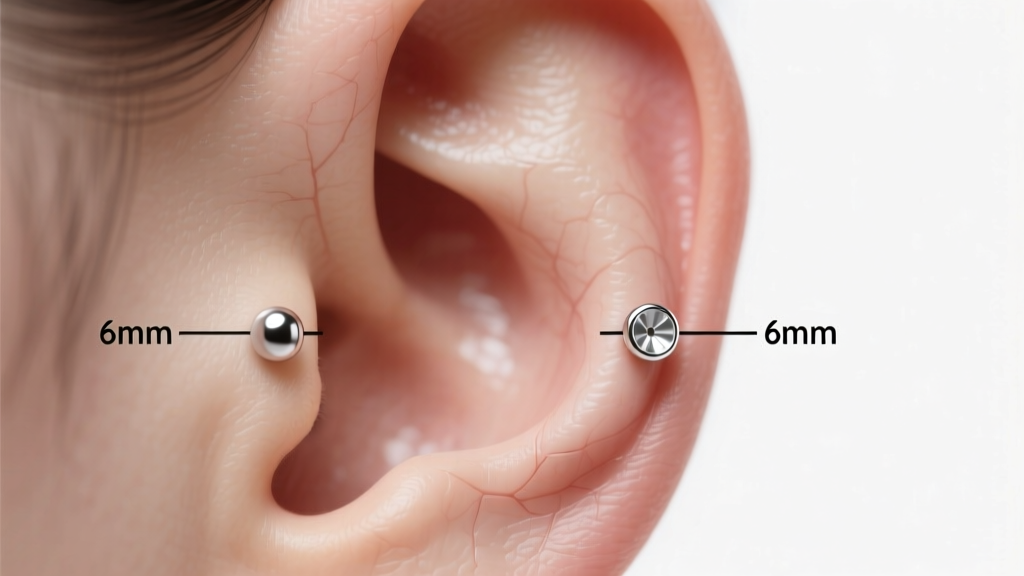 Anatomical diagram showing exact millimeter spacing between two earlobe piercings, highlighting a 6mm gap for 3mm stud earrings.