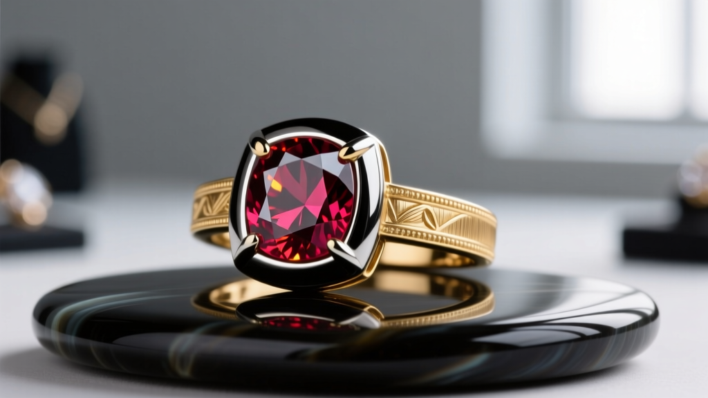 Macro shot of a custom cast 14k gold and black rhodium pendant with a bezel-set lab-grown ruby resting on a jeweler's work bench.