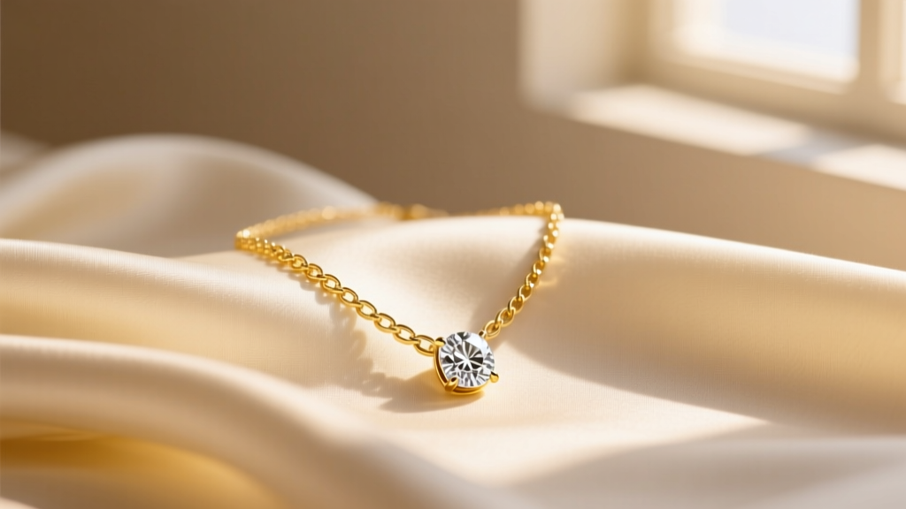 18k yellow gold necklace with diamond pendant resting on cream silk fabric, illuminated by warm natural morning light.