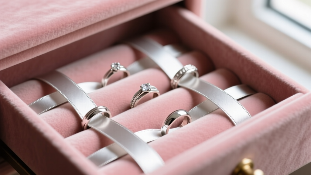 Close-up of plush blush velvet drawer interior with retrofitted Silvercloth strips protecting delicate sterling silver rings.