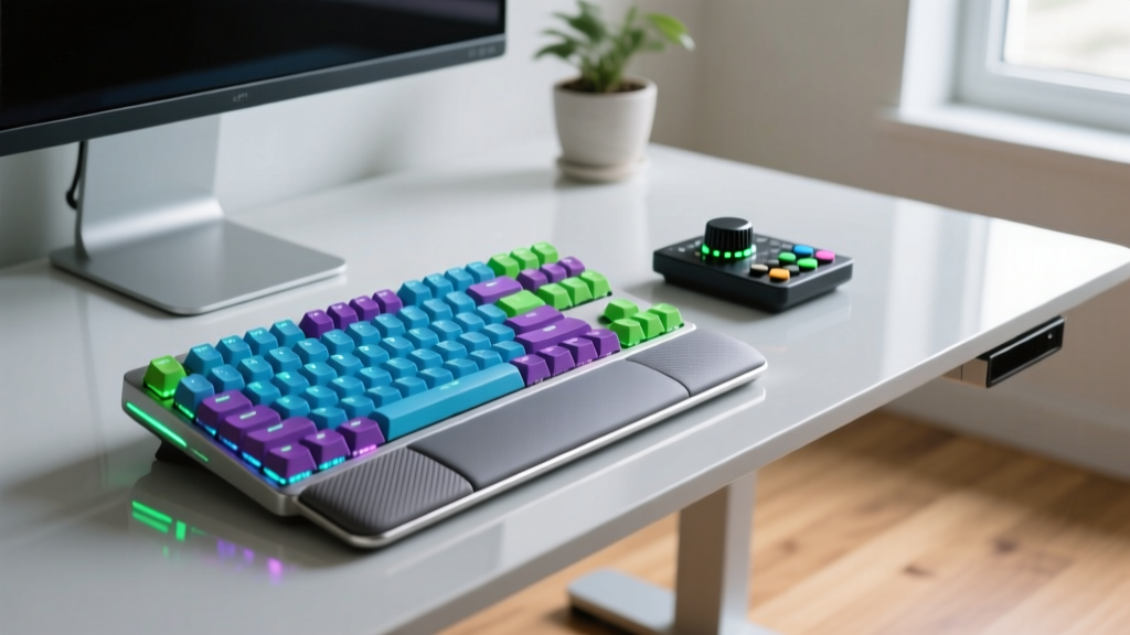 Ergonomic split mechanical keyboard with palm rests and thumb clusters on standing desk next to a programmable macro dial controller