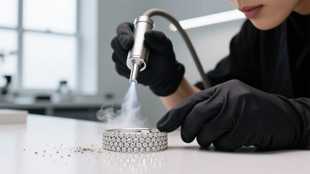Jeweler using a steam cleaner on a pave 14k white gold diamond eternity band, with high-pressure vapor visibly blowing out debris