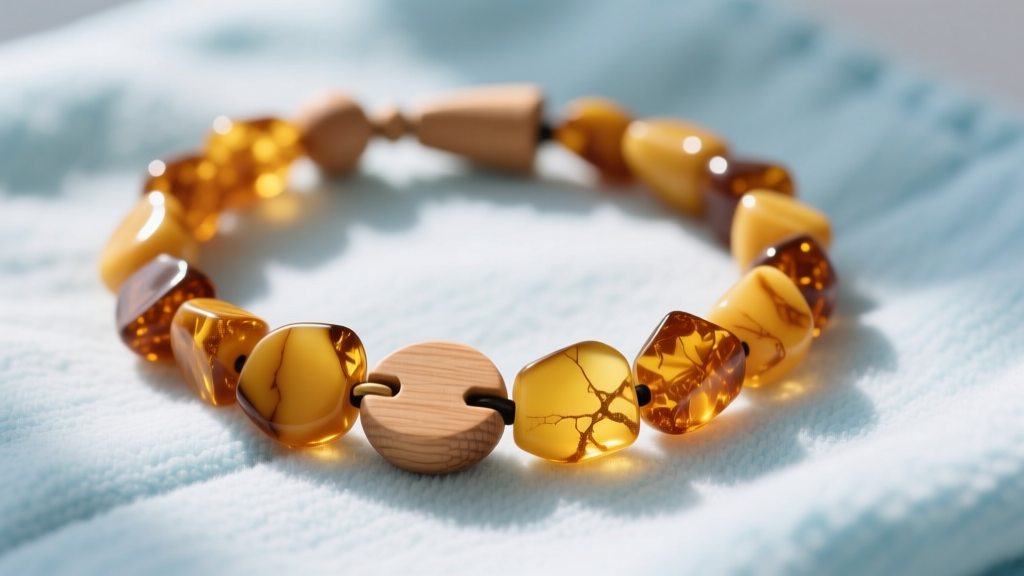 Close-up of raw Baltic amber teething necklace with wooden breakaway clasp resting on a pastel blue baby blanket in daylight.