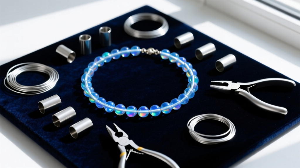 Flat-lay of a blue glass bead necklace on a velvet board, surrounded by silver crimp tubes, steel wire, and crimping pliers.