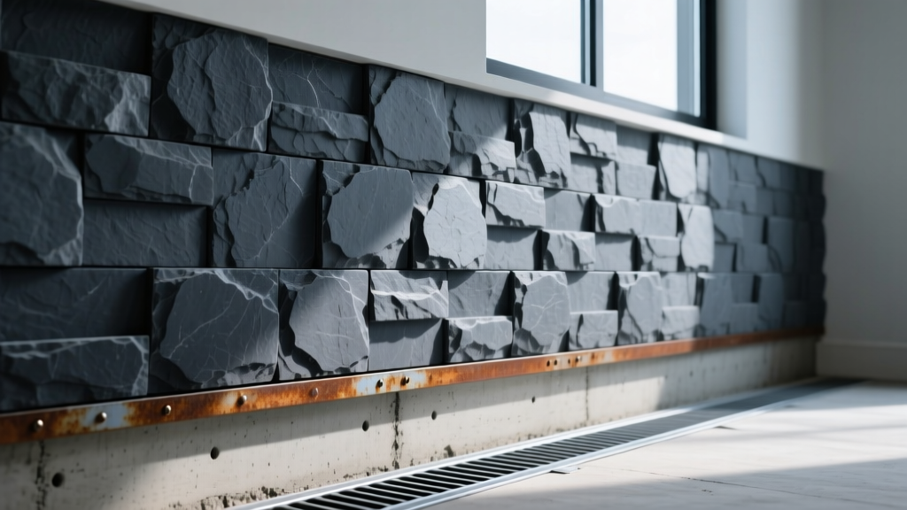 Interlocking faux stone veneer panels in dark slate installed over a concrete foundation wall with a metal weep screed and drainage mat.