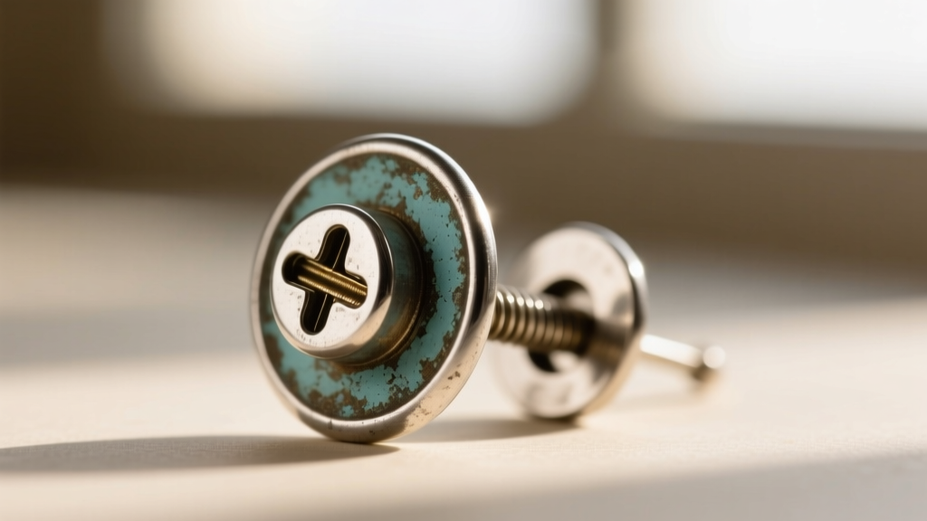 Close-up of a vintage Coro pot metal earring back showing the original screw mechanism and slight corrosion on the zinc alloy base