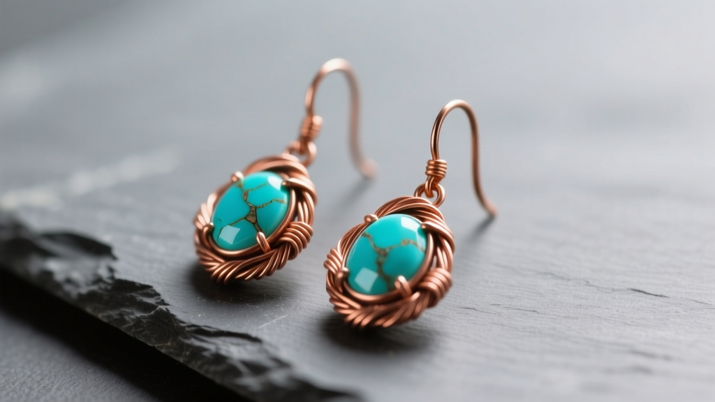 Copper turquoise dangle earrings on slate, displaying fine wire wrapping and vibrant blue-green matrix under warm studio lighting.