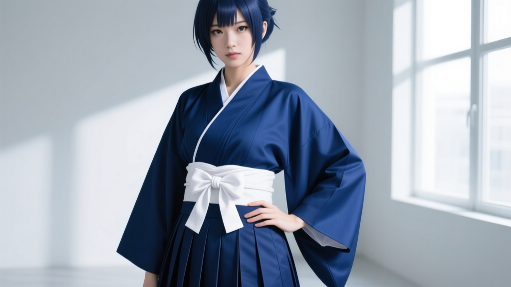 Cosplayer wearing a dark blue anime hakama with five front pleats, securing the white himo ties in a traditional bow at the waist.