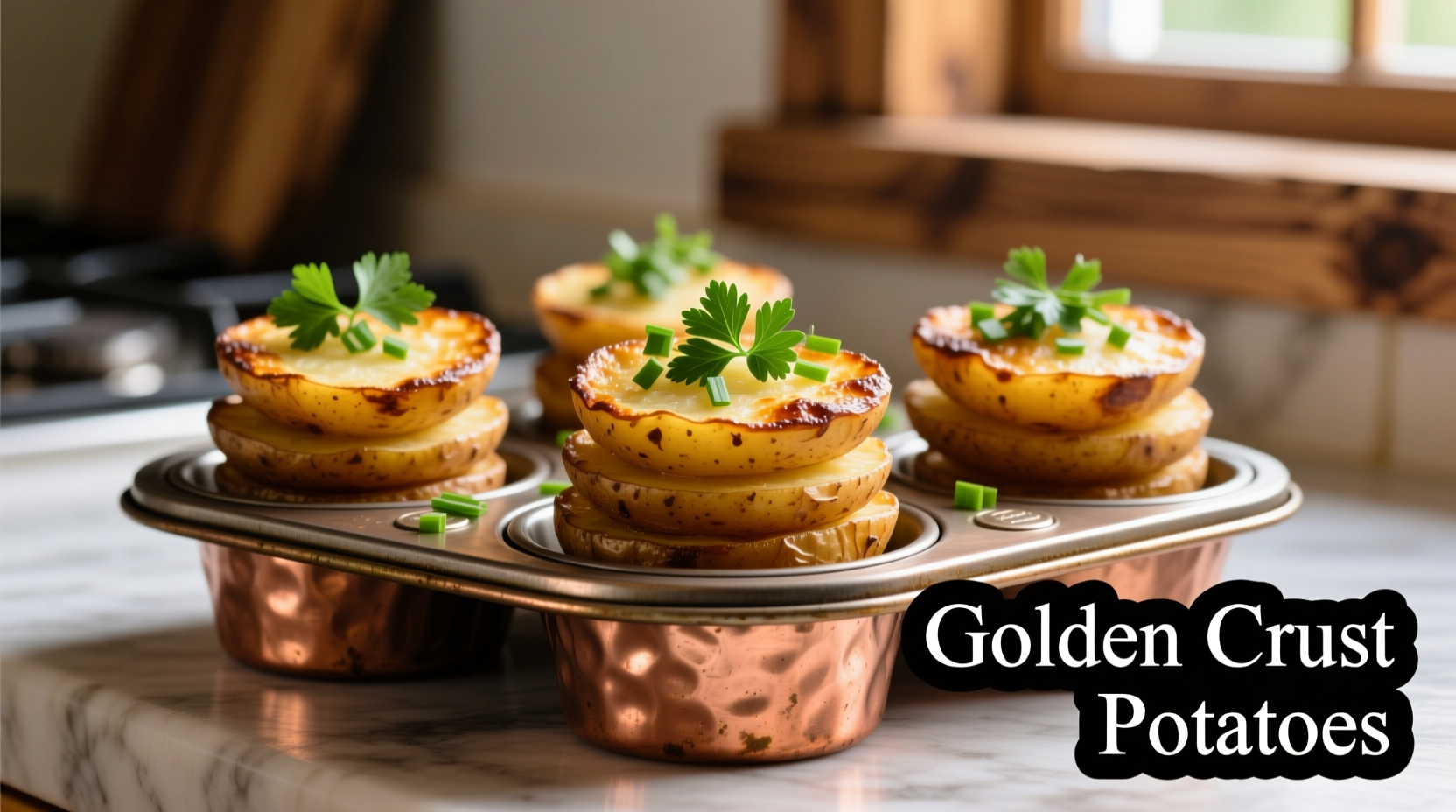 Golden brown potato stacks in muffin tin with herb garnish