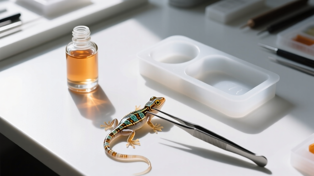 Overhead DIY workspace showing tweezers holding translucent gecko skin, a bottle of UV resin, and an empty silicone bezel mold.