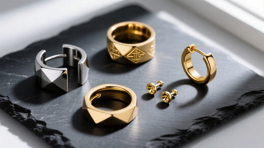 Overhead flat-lay of implant-grade titanium and 14k gold ear cuffs, huggies, and threadless studs on a dark slate surface