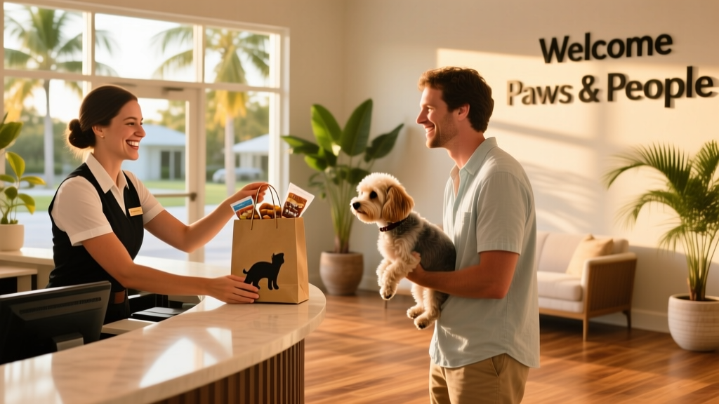 Friendly front desk staff handing a treat-filled goody bag to a guest holding a small dog