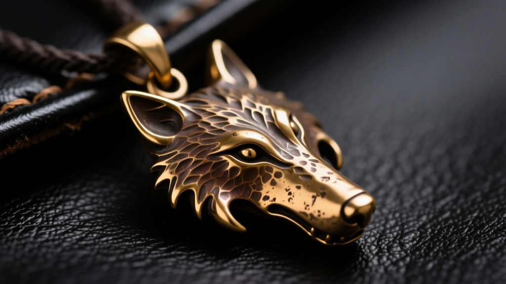 Macro shot of a cast bronze wolf claw pendant on dark leather, showing detailed texture and warm luster under soft lighting.