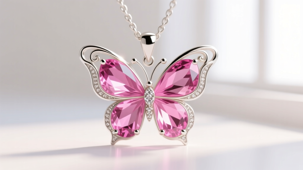 Macro shot of a pink sapphire butterfly pendant in white gold, highlighting the gemstone
