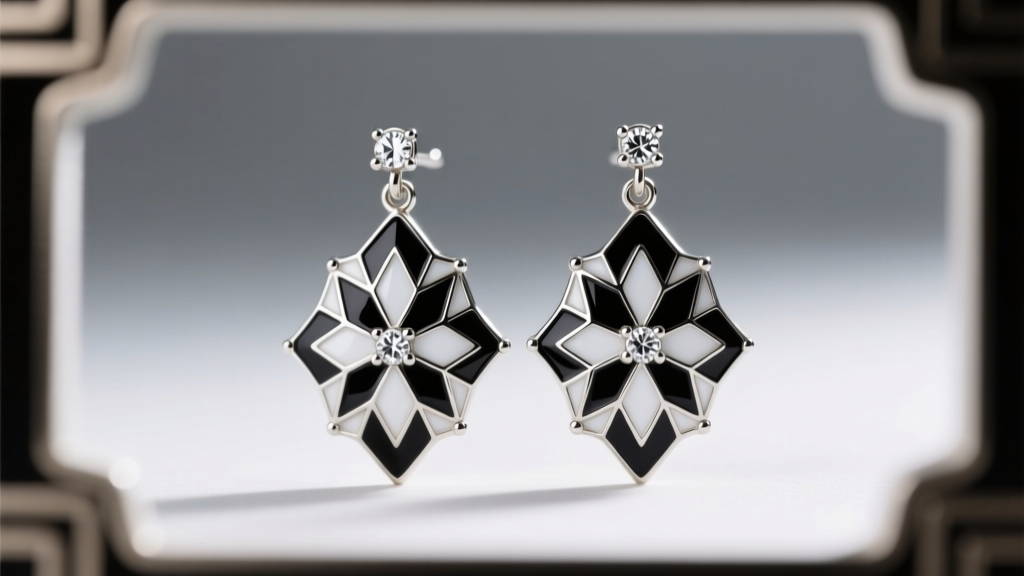 Close-up of Art Deco vintage enamel earrings with black and white guilloché patterns on sterling silver and small diamond accents
