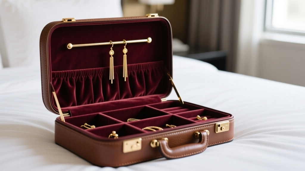 Open leather travel jewelry case on hotel bed, featuring velvet stud grid and hanging section for long gold dangle earrings