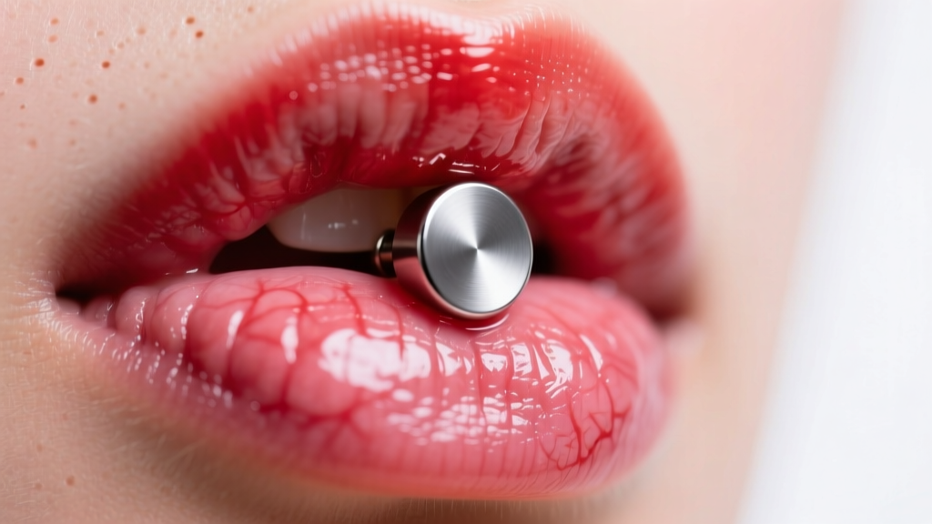 Close-up of a swollen lower lip with an embedded titanium labret stud, showing redness and tight skin around the flat back disc.
