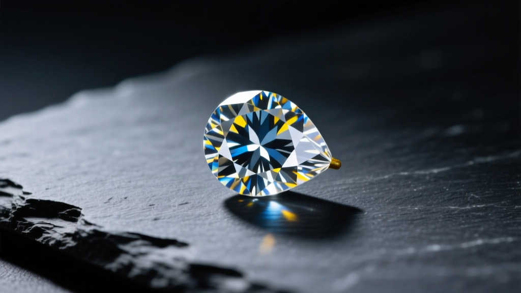 Macro photography of a loose pear-shaped diamond showing slight bow-tie shadow across the center, placed on a dark slate surface.