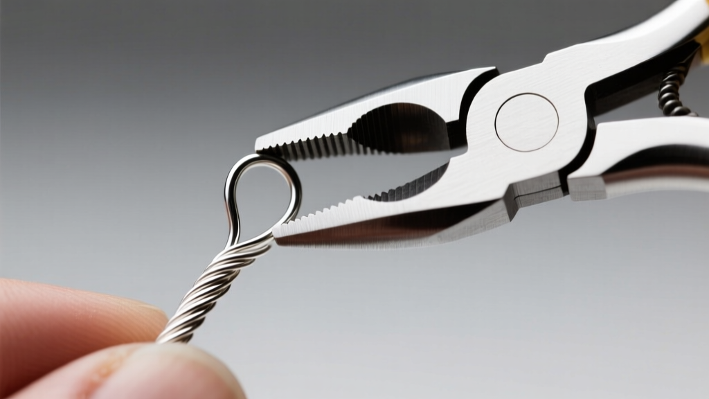 Close-up of 20-gauge half-hard sterling silver wire shaped into an ear wire using steel round nose pliers under bright lighting.