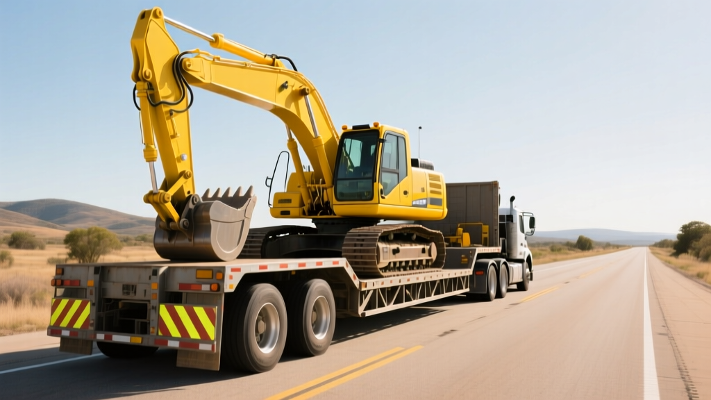 Heavy duty lowboy trailer loaded with a yellow hydraulic excavator preparing for transport on an Augusta highway