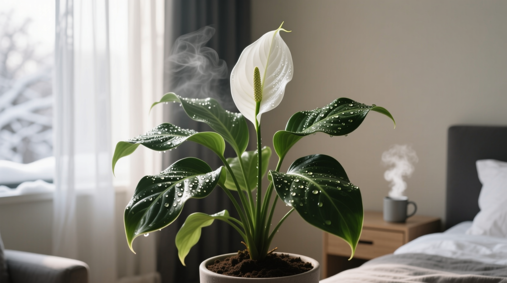 Practical plant benefits: Peace lily increasing humidity in winter bedroom - addressing dry air concerns better than oxygen myths