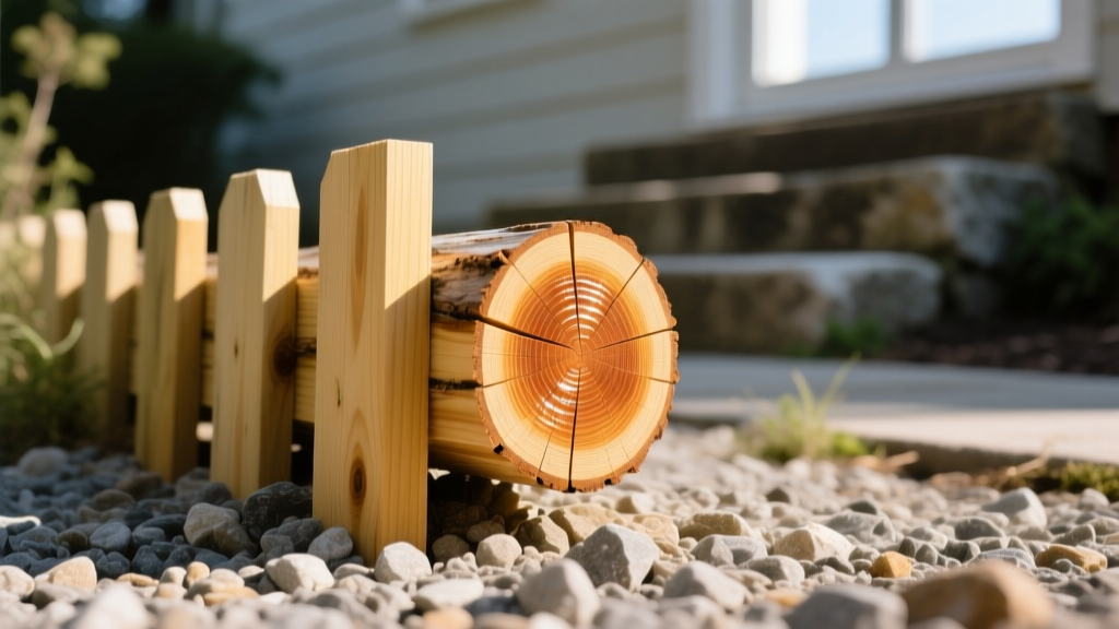 Close-up of pressure-treated southern yellow pine fence posts set in gravel with copper-based end-cut preservative applied to fresh cuts
