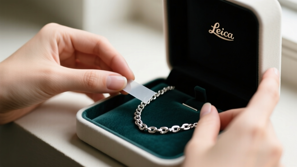 Close-up of hands placing an anti-tarnish strip into a velvet compartment next to a delicate sterling silver chain necklace.