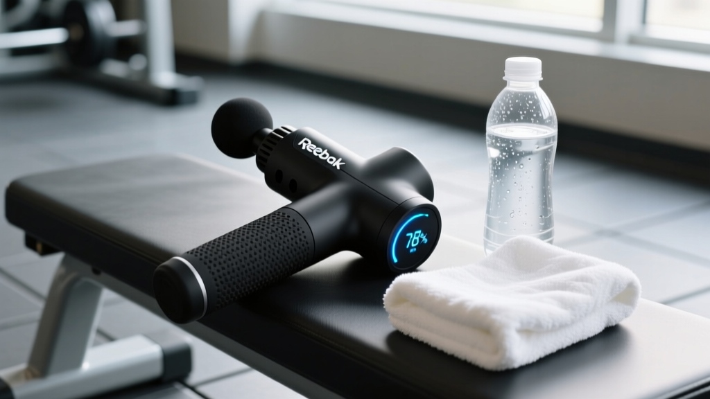 Close-up of a matte black Reebok massage gun resting on a gym bench next to a towel and water bottle, highlighting the textured grip and LED battery display.