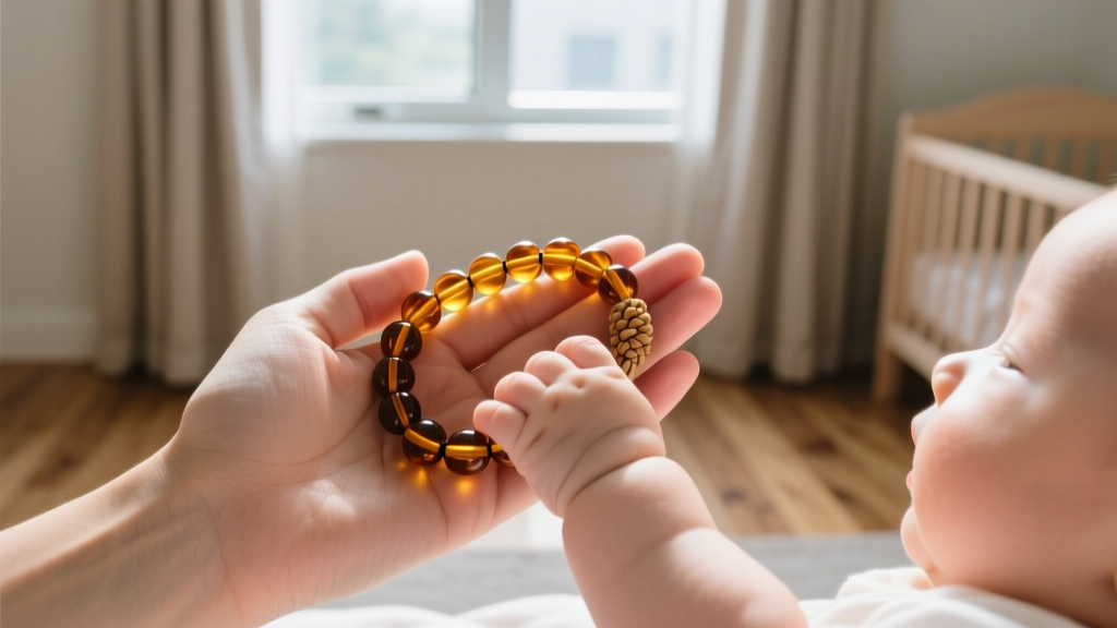 Parent checking a cognac amber teething necklace on a baby, ensuring two fingers fit snugly underneath the hand-knotted beads.