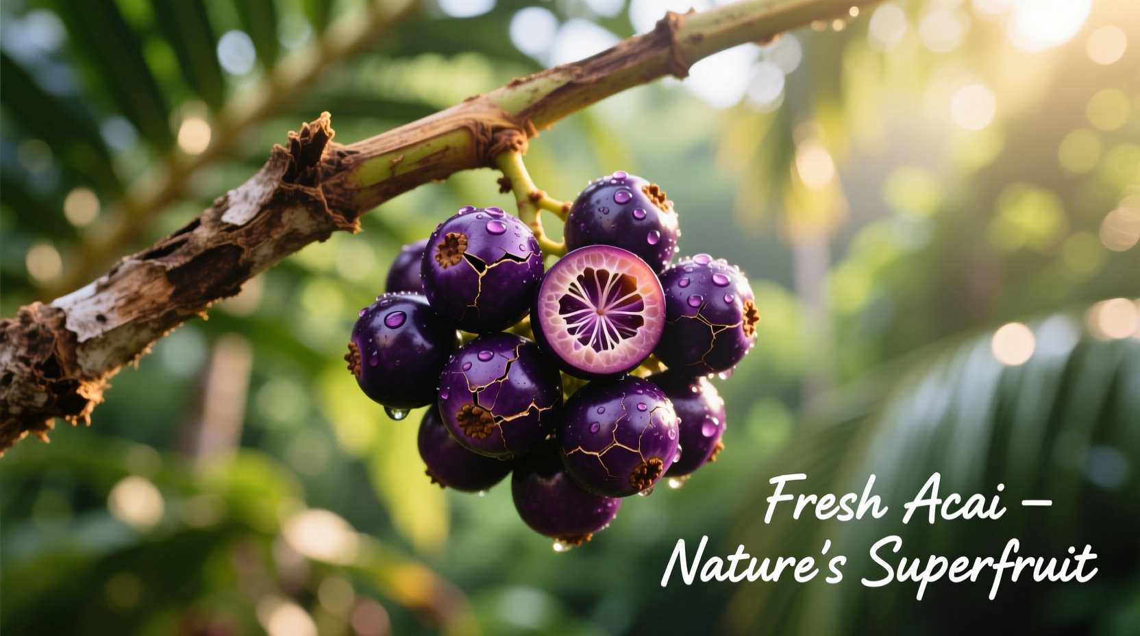 Fresh acai berries on palm branch with purple pulp